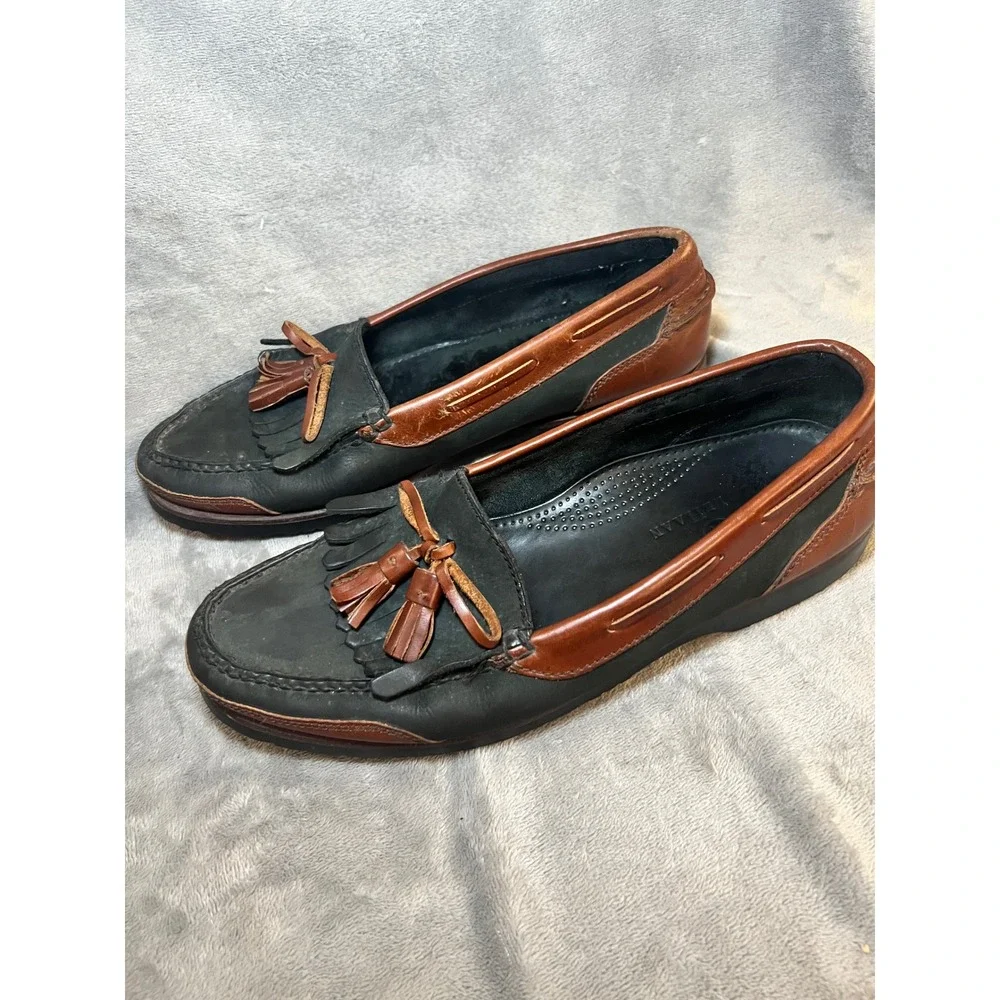Cole Haan Mens 10.5 Leather Tassel Kiltie Loafers Black Brown Preppy Shoes